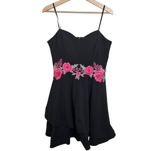 B Smart Black Floral Embroidered Dress Spaghetti Strap Asymmetrical Hem 15